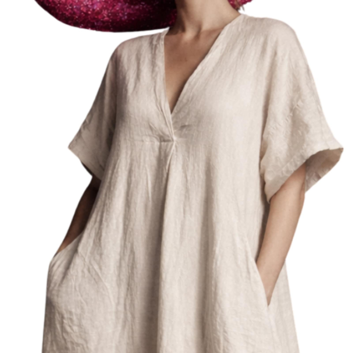 Rochie crem din in croi larg si buzunare laterale ascunse [3]