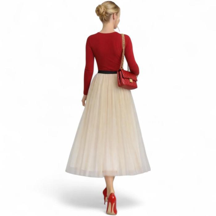 Fusta crem  din tulle plisata cu jupa sclipici si banda elastica in talie [2]