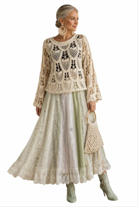 Bluza crem crosetata cu aspect macrame  stil boho [3]