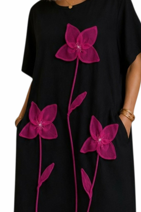 Rochie din bumbac neagra cu aplicatii flori ciclam [2]