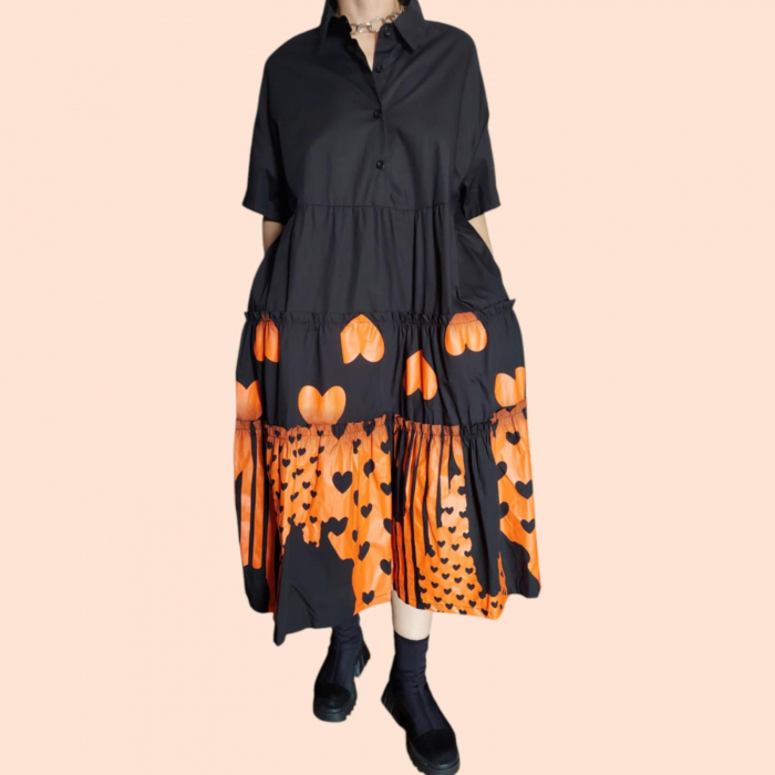 Rochie de Vara Tip Camasa pe Fond Negru si Imprimeu Portocaliu [1]