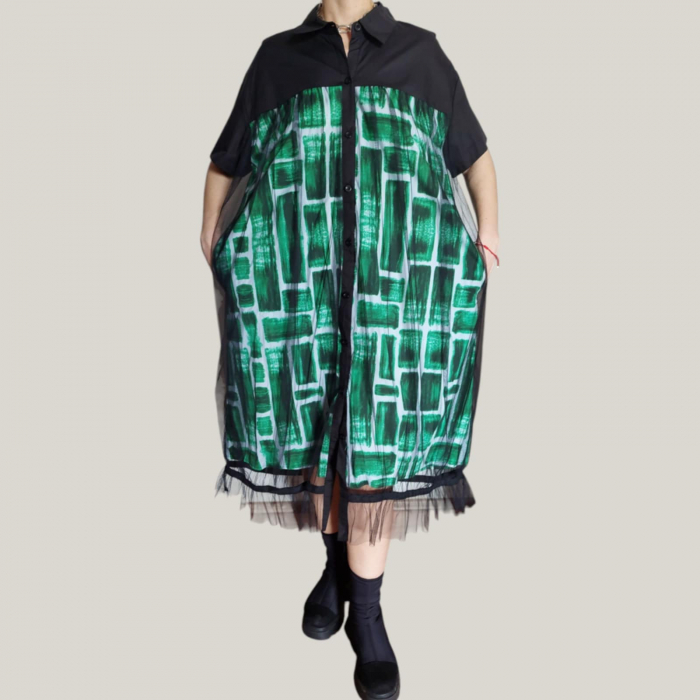 Rochie din Bumbac si Tulle Tip Camasa cu Buzunare Laterale Ascunse [2]