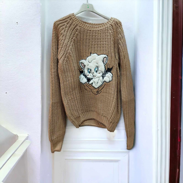 Pulover Tricotat Gros cu Imprimeu Pisica Pufoasa [2]