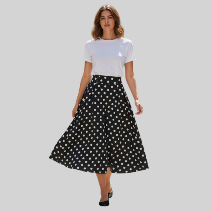 Fusta midi Eleganta cu Buline Albe pe Fundal Negru [2]