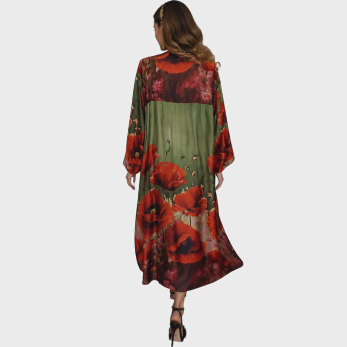 Rochie din satin croi larg cu imprimeu floral maci rosii pe fundal verde kaki [2]