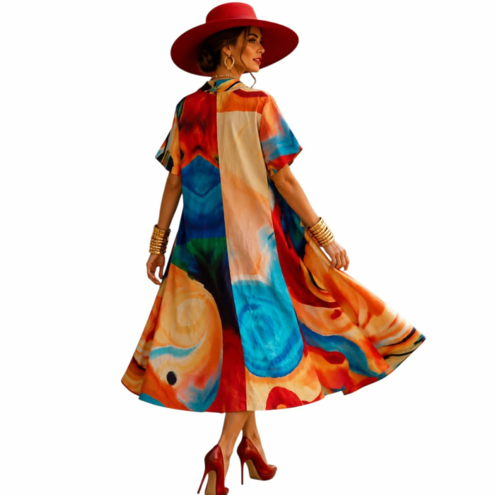 Rochie din bumbac tip camasa in forma de A cu imprimeu artistic [4]