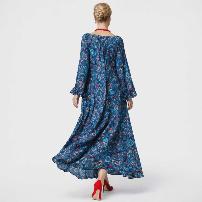 Rochie lunga din vascoza cu volane si imprimeu artistic albastru [3]