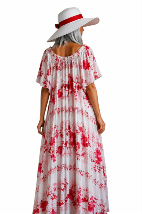 Rochie lunga plisata din satin cu imprimeu floral rosu [2]