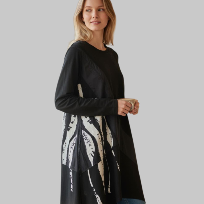 Rochie din bumbac asimetrica cu model alb in partea dreapta si buzunare laterale [2]