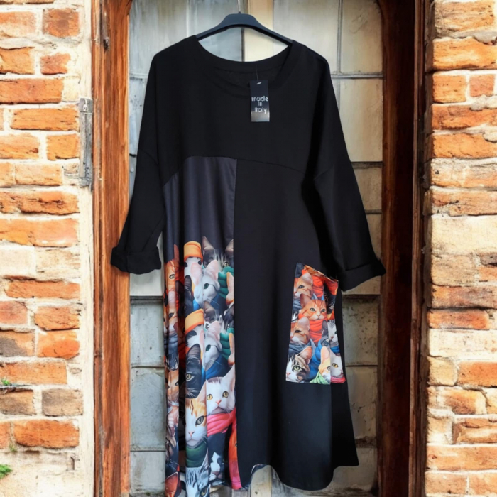 Rochie din bumbac cu imprimeu pisici multicolore si buzunar supradimensionat [2]