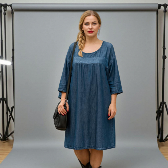 Rochie din Denim Blug Croi Larg cu Paiete la Bust [1]