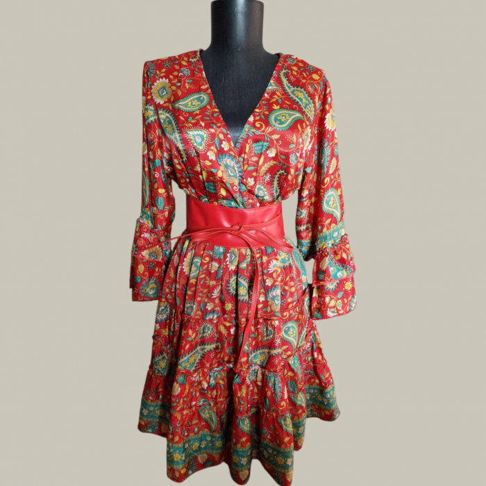 Rochie Mini din Matase Indiana cu Decolteu Parte peste Parte [4]