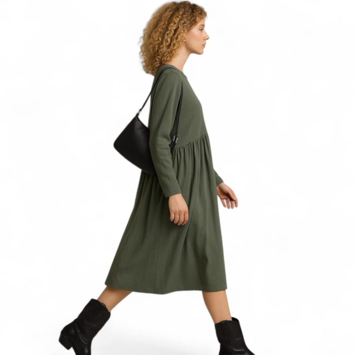 Rochie din bumbac verde kaki croi larg cu maneci lungi [3]