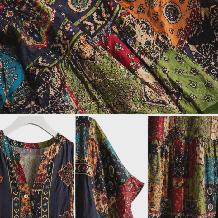 Rochie croi larg cu imprimeu  patchwork multicolor si volane [3]