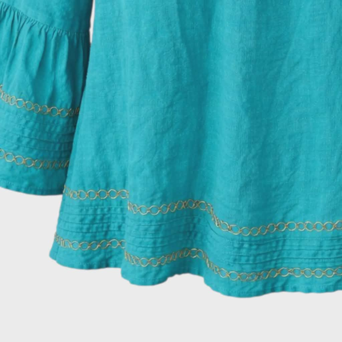 Bluza albastru turcoaz din in croi larg si volane la maneci [2]