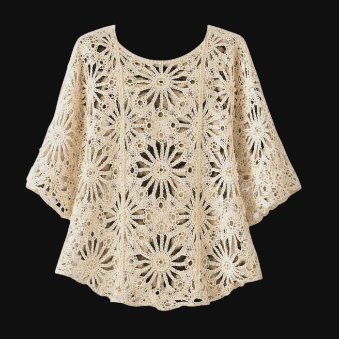 Bluza crem  din macrame tip poncho asimetrica cu paiete fine aurii [4]