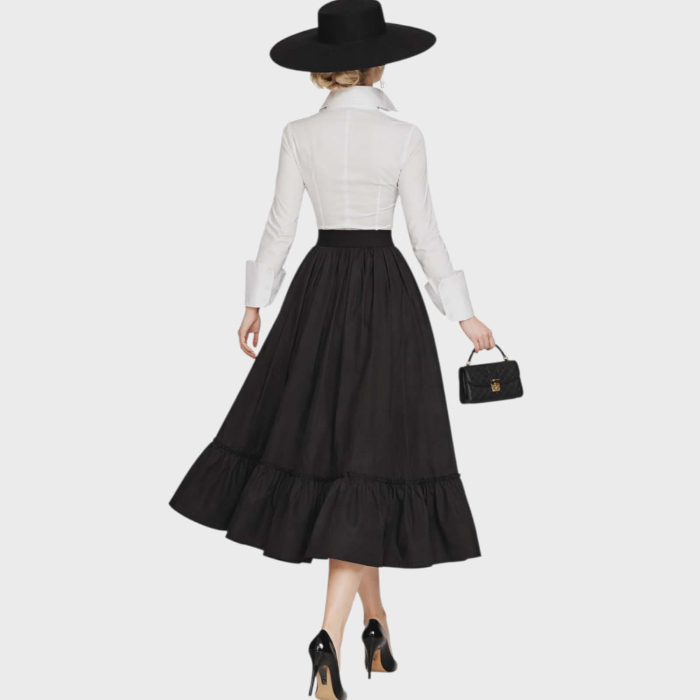 Fusta din bumbac cu imprimeu artistic si croi alb cu buzunare [2]