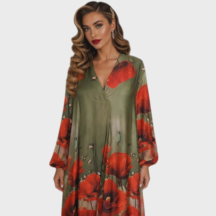 Rochie din satin croi larg cu imprimeu floral maci rosii pe fundal verde kaki [3]