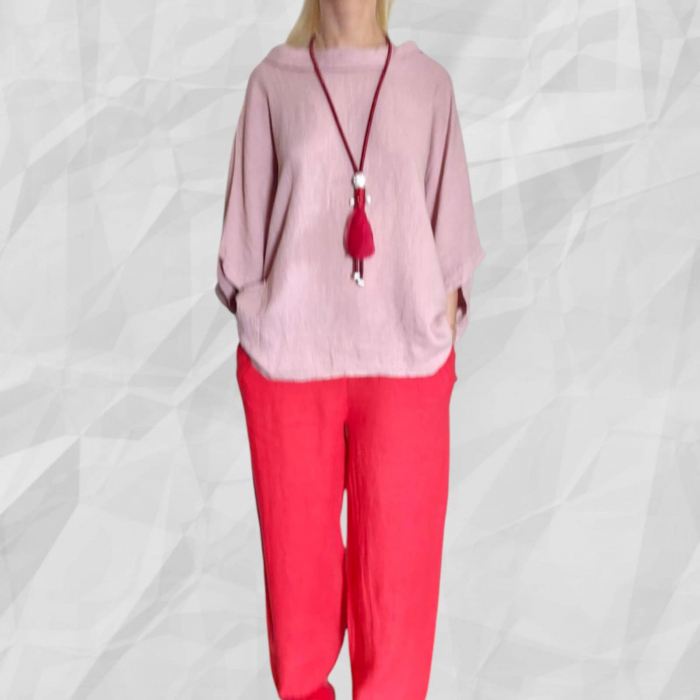 Bluza croi larg tip poncho din in roz prafuit si guler larg rotund [1]