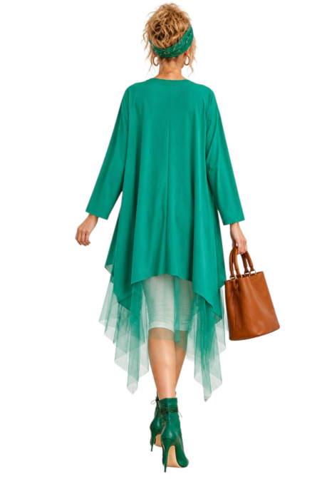 Bluza asimetrica verde din vascoza cu tulle si flori in relief [3]