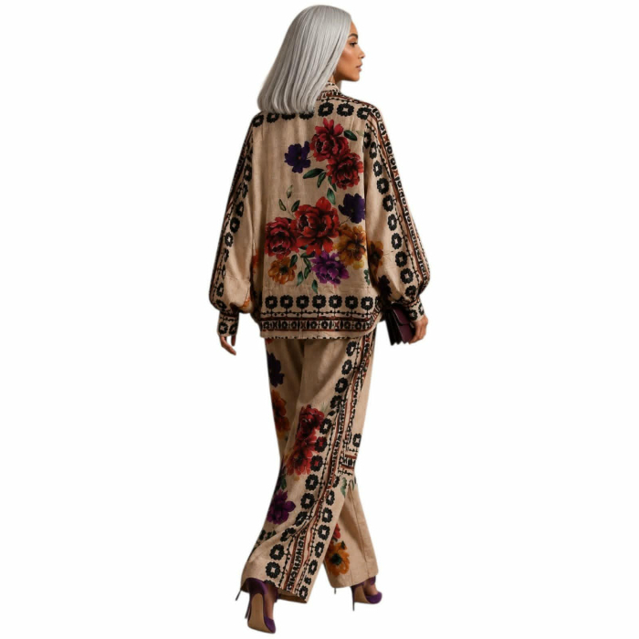 Compleu din vascoza   elegant  cu imprimeu floral si pantaloni largi [2]