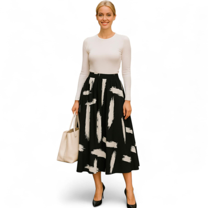 Fusta lunga neagra cu imprimeu abstract alb tip pensula [2]