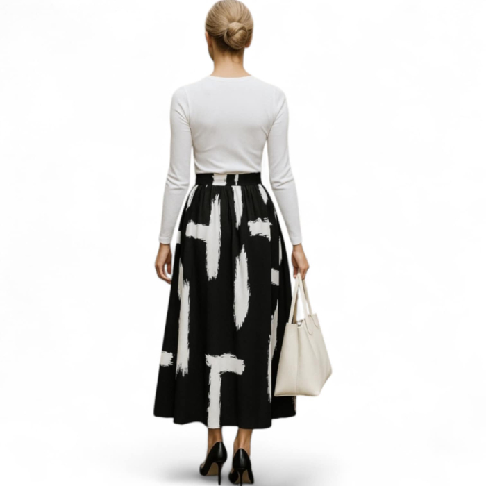 Fusta lunga neagra cu imprimeu abstract alb tip pensula [3]