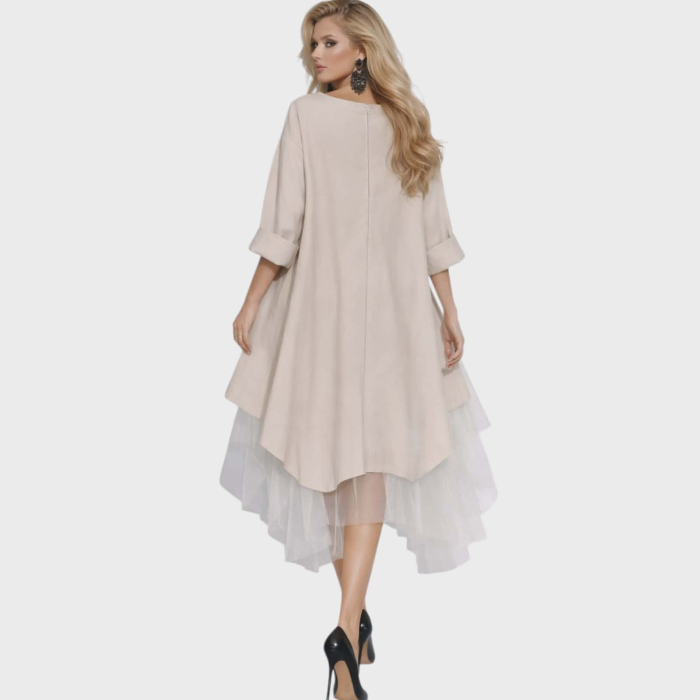 Rochie asimetrica crem din bumbac si tulle cu maneci lungi [4]