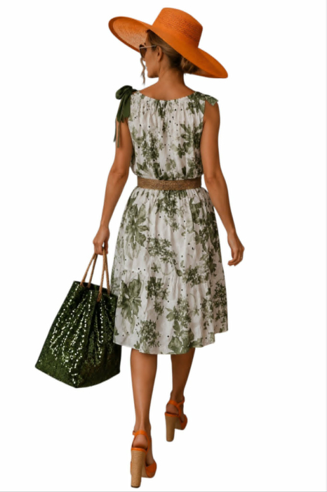 Rochie din bumbac cu model perforat pe fond alb si imprimeu floral verde [3]