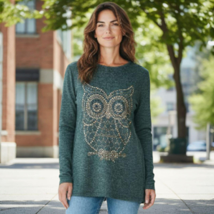 Bluza verde cu model bufnita din detalii metalice aurii [1]