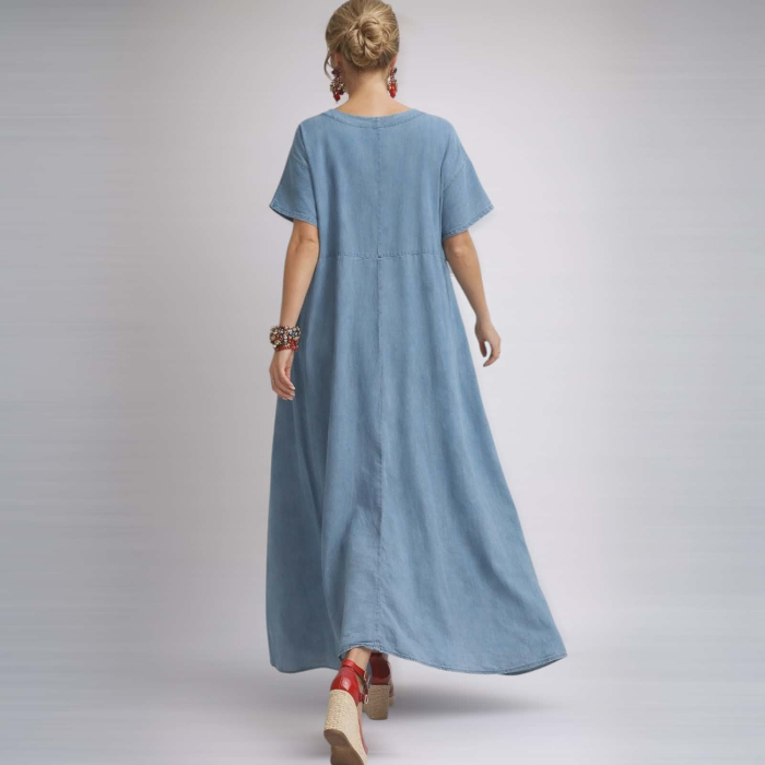 Rochie lunga din denim fin cu flori pictate si pietre colorate [3]