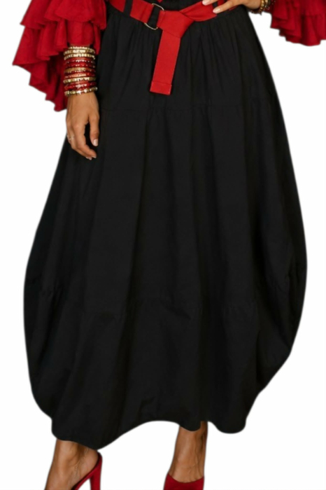 Fusta lunga din bumbac neagra  cu elastic in talie si curea [2]