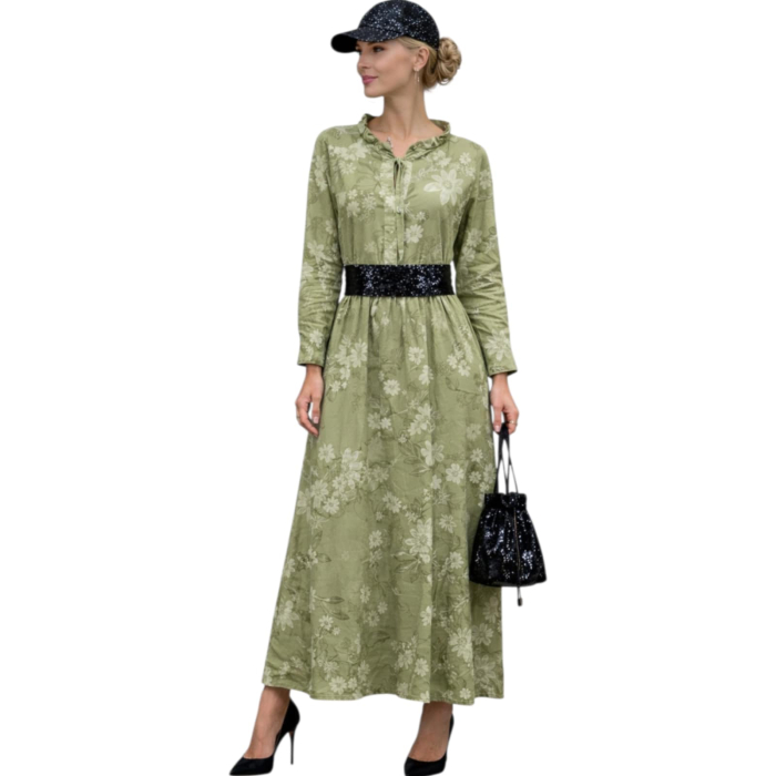 Rochie lejera din bumbac verde praz cu imprimeu floral si paiete [2]