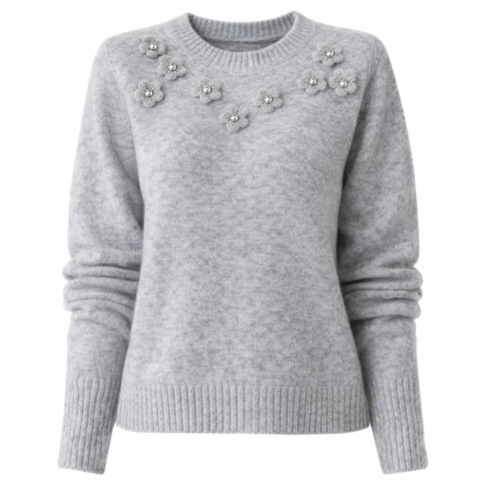 Pulover pufos gri cu aplicatii flori cu pietre argintii la decolteu [3]