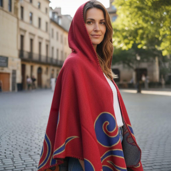 Pelerina tip poncho rosu  decorata cu motive albastre si gluga [2]