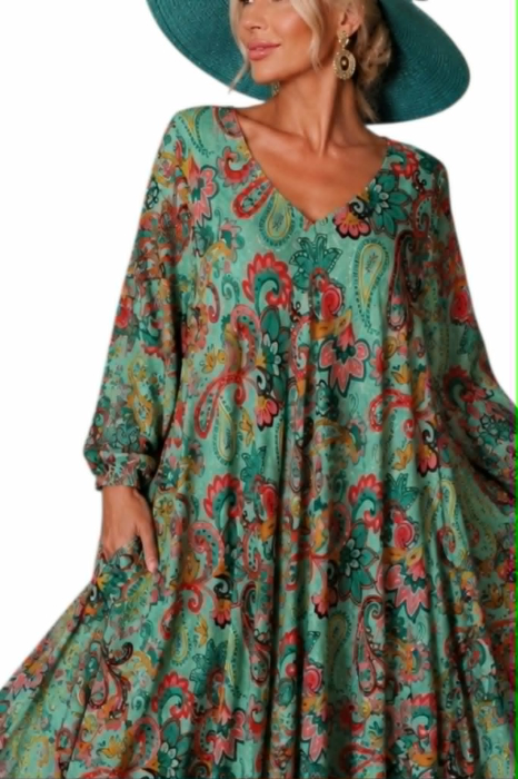 Rochie din matase asimetrica cu imprimeu arabesc si buzunare [3]