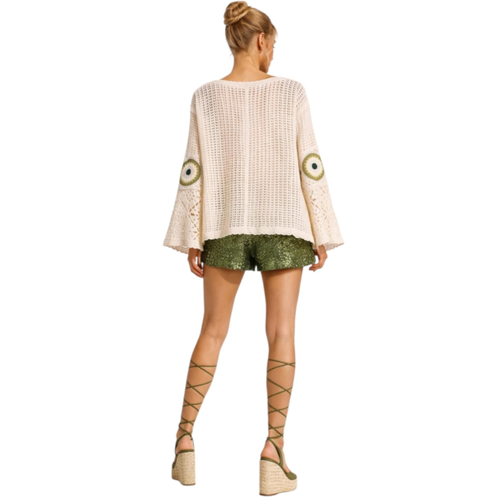 Bluza crosetata boho chic cu cercuri verzi si maneci clopot [3]