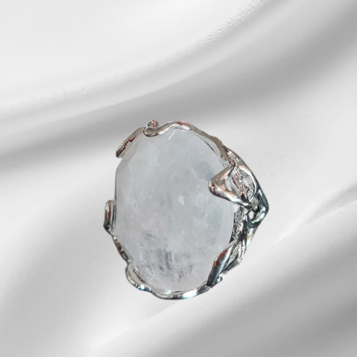 Inel Masiv din Metal Argintiu Inoxidabil cu Piatra Cuart Cristal de Stanca [4]
