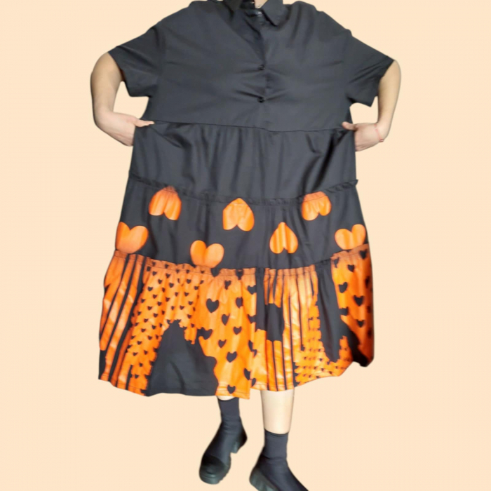 Rochie de Vara Tip Camasa pe Fond Negru si Imprimeu Portocaliu [2]