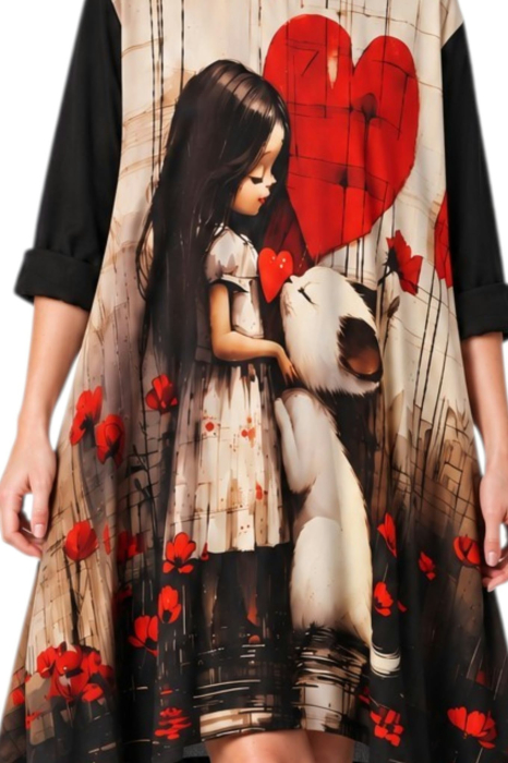 Rochie asimetrica  din bumbac cu buzunare imprimeu fetita si pisica iubita [2]