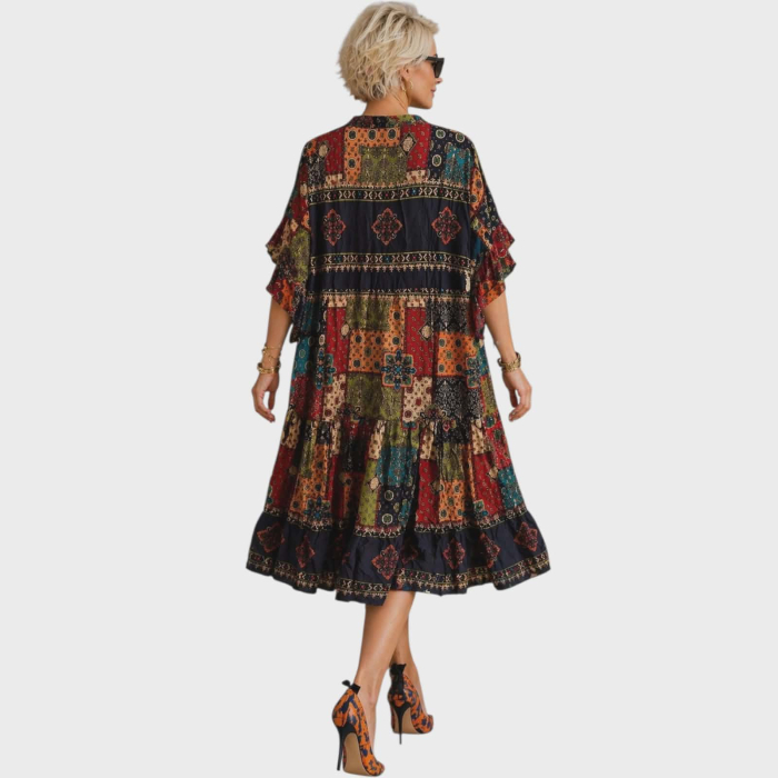 Rochie croi larg cu imprimeu  patchwork multicolor si volane [2]