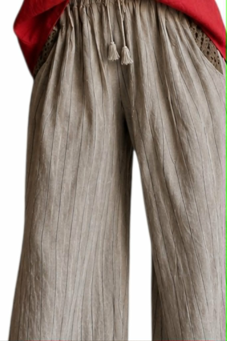 Pantaloni din bumbac grej cu dungi fine negre si elastic in talie [3]