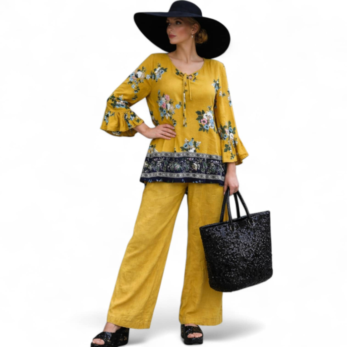 Bluza din vascoza cu imprimeu flori pe fond galben mustar [2]