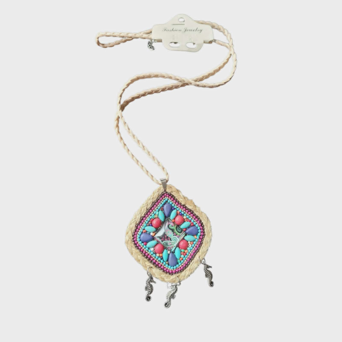 Colier snur piele intoarsa impletita cu accesoriu boho cu margele turcoaz [2]