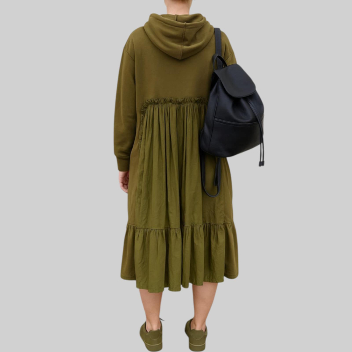 Rochie din bumbac tip hanorac in doua nuante de verde kaki cu buzunare laterale [3]