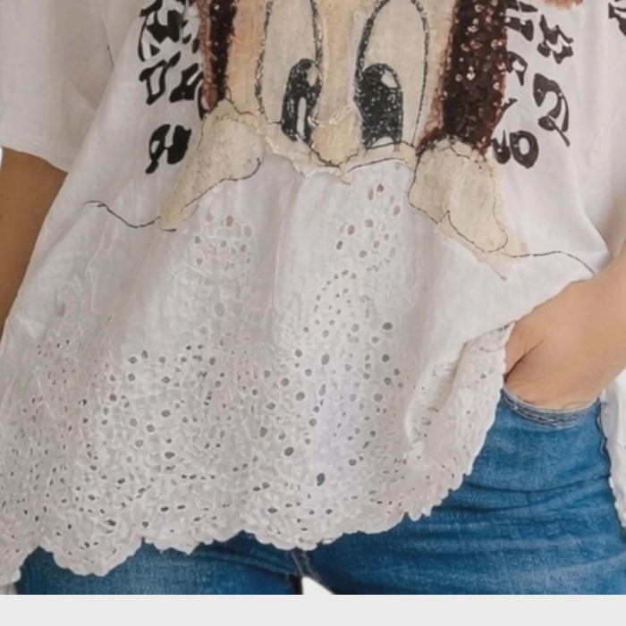 Bluza croi larg din bumbac cu insertii Minnie Mouse si aspect zdrenturos [3]