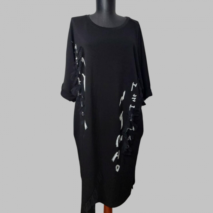 Rochie pe fond negru cu aplicatie tulle si imprimeu alb [1]