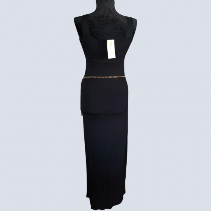 Rochie Lunga Neagra din Bumbac cu Bretele Stransa La Piept [4]