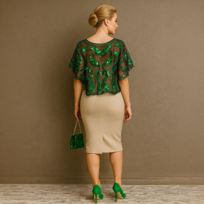 Bolero elegant din Tulle Negru Brodat cu Paiete Verzi Stralucitoare [2]