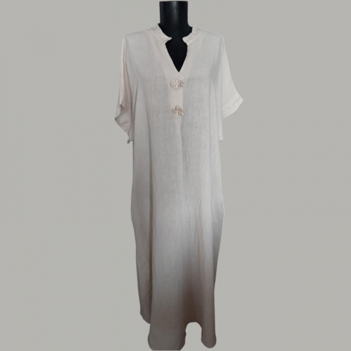 Rochie lunga din in tip tunica cu aplicatii macrame la decolteu [1]